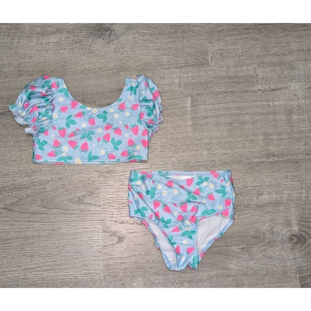 Cat & Jack 2 Piece Strawberry Puff Sleeve Bikini Blue 3T UPF 50+ Beach Swimsuit